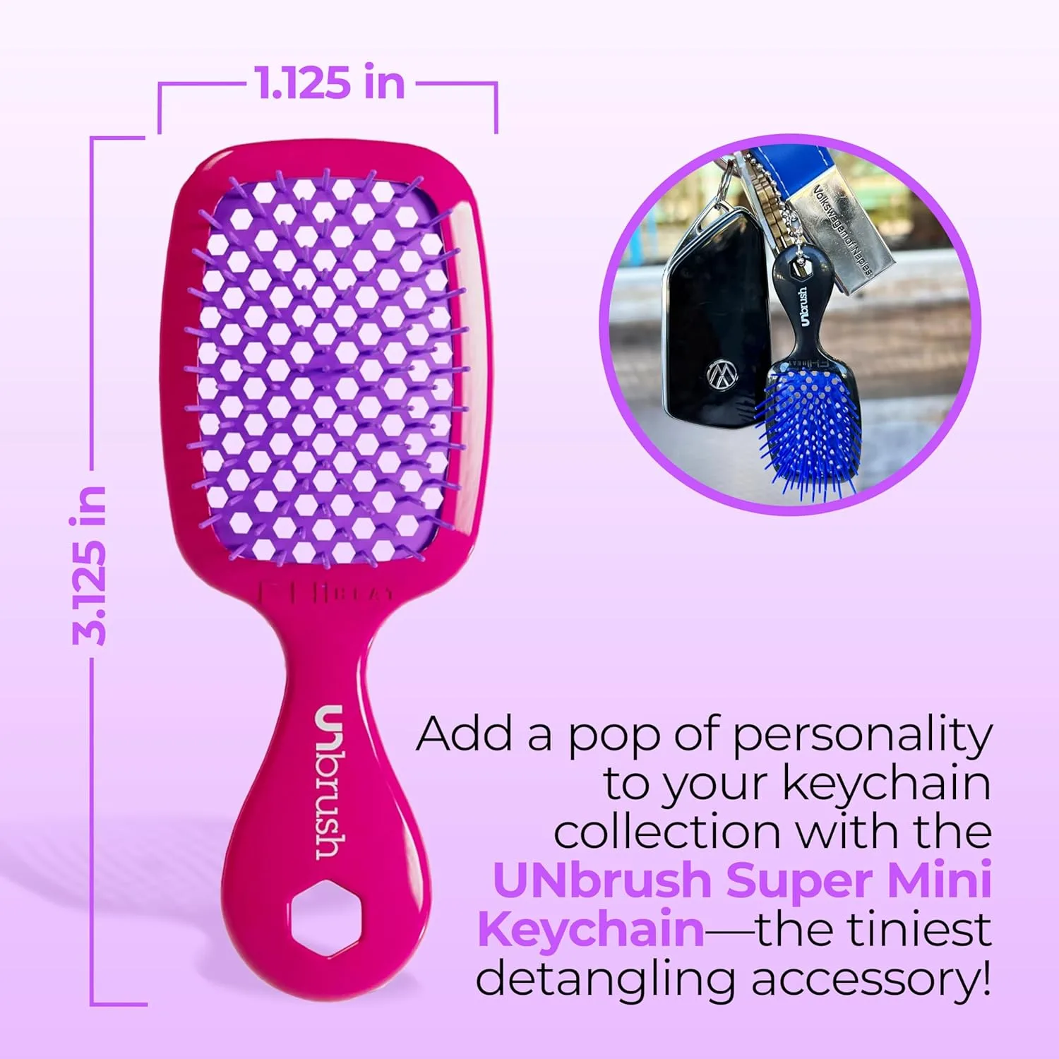 Брелок-расческа FHI Heat UNbrush Super Mini - коллекционный миниатюрный аксессуар для сумок и ключей - для любительниц красоты., Pink Burst — фото 4