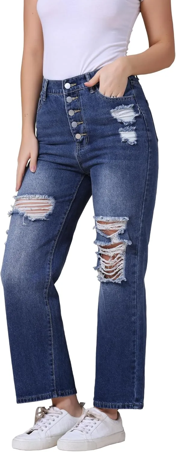 

Женские рваные джинсы с застежкой на пуговицах, высокая посадка, широкие прямые CIMUK