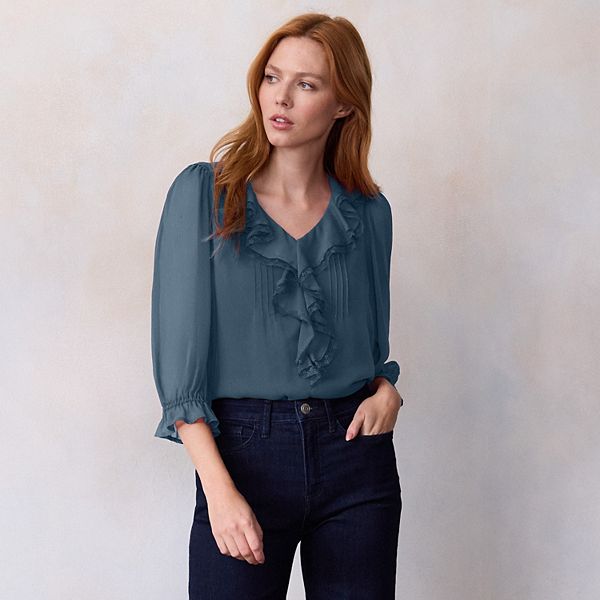 

Женская блузка с 3/4 рукавом, рюшами и защипами спереди Lc Lauren Conrad, Denim Flare