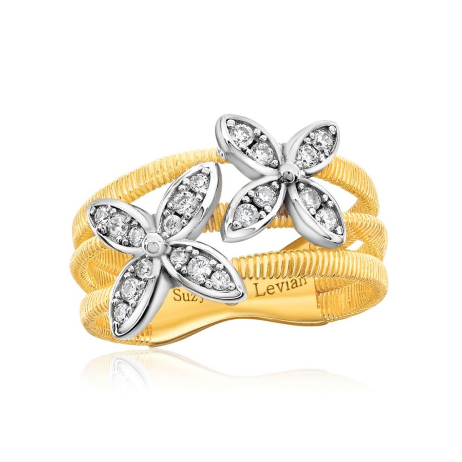 

Кольцо Suzy Levian Golden Helix из стерлингового серебра с кубическим цирконием, трехрядный двойной цветочный узор Suzy Levian New York, Golden