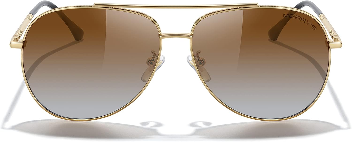

Солнцезащитные очки-авиаторы MERRY'S для женщин и мужчин, с поляризованными зеркальными линзами и футляром - поляризованные очки для вождения, 60 мм, Gold Frame/Brown Gradient Lens