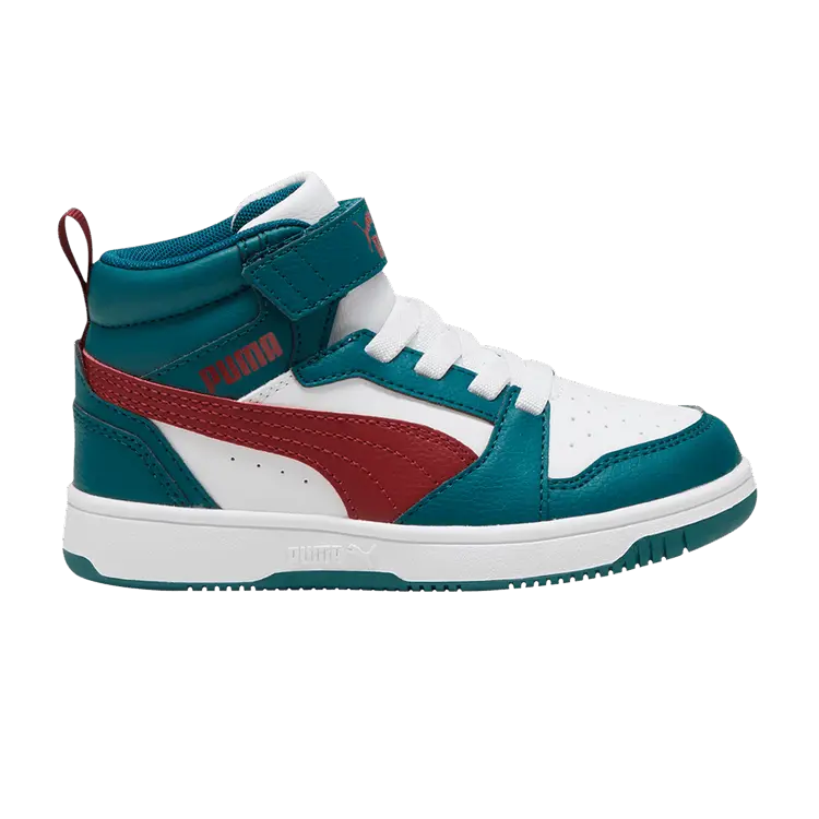 

Кроссовки Puma Rebound V6 Mid Little Kid Cold Green Intense Red, бирюзовый