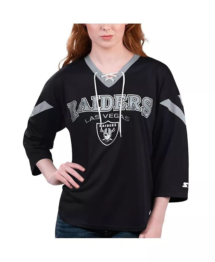 

Женская черная футболка Las Vegas Raiders Rally со шнуровкой и рукавом 3/4 Starter