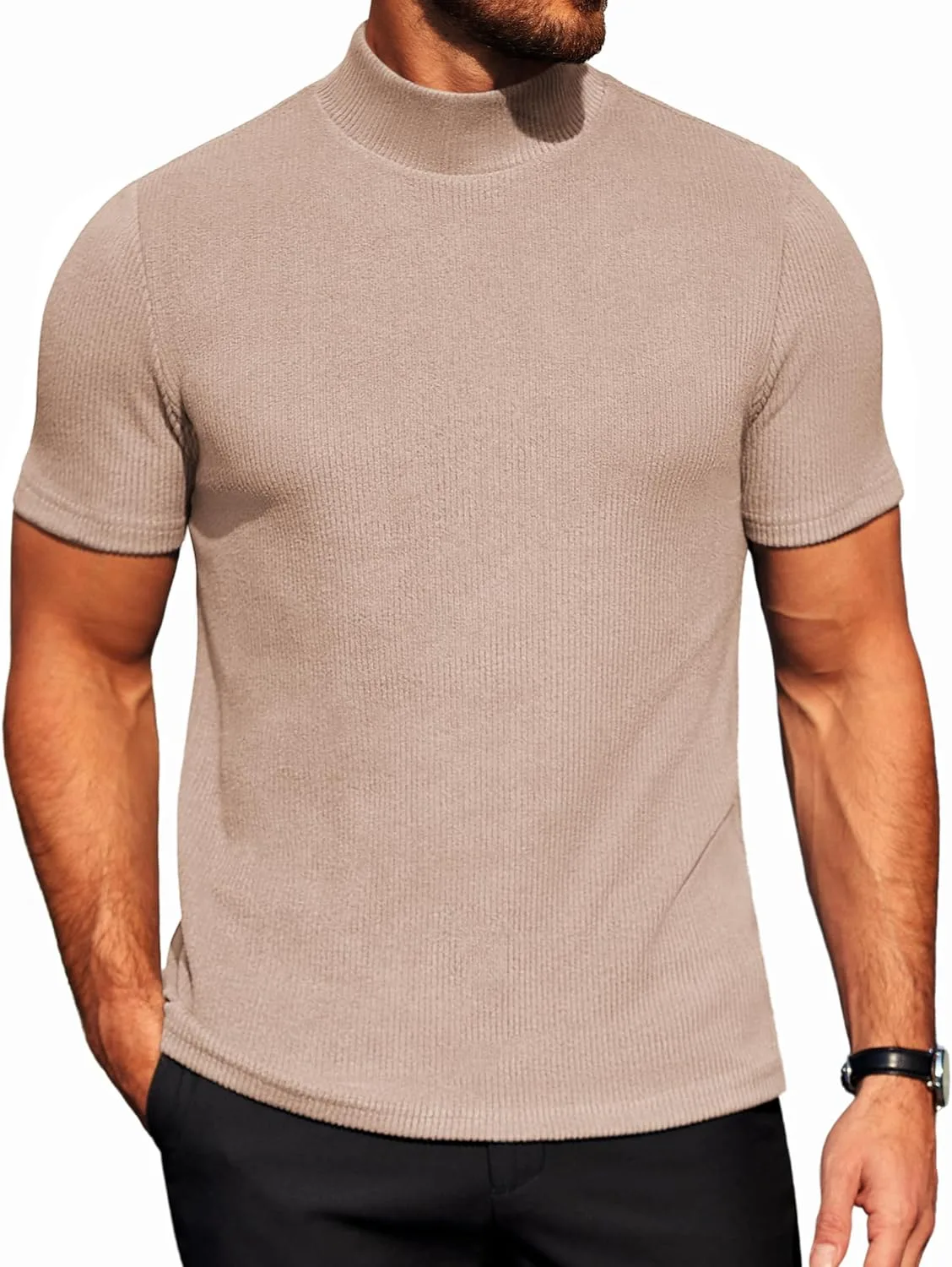 

COOFANDY мужской короткий рукав с воротником-стойкой, мягкий легкий свитер