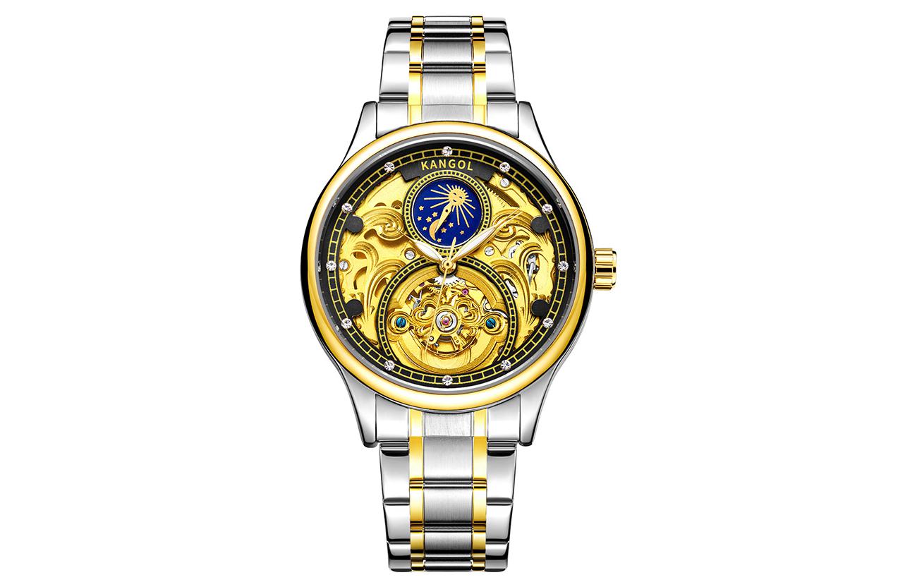 

KANGOL Часы Prestige Collection Mechanical Movement Metal Strap Watch Men's Watch Cut-Out Dial -K116, Sun and Moon in Gold Black