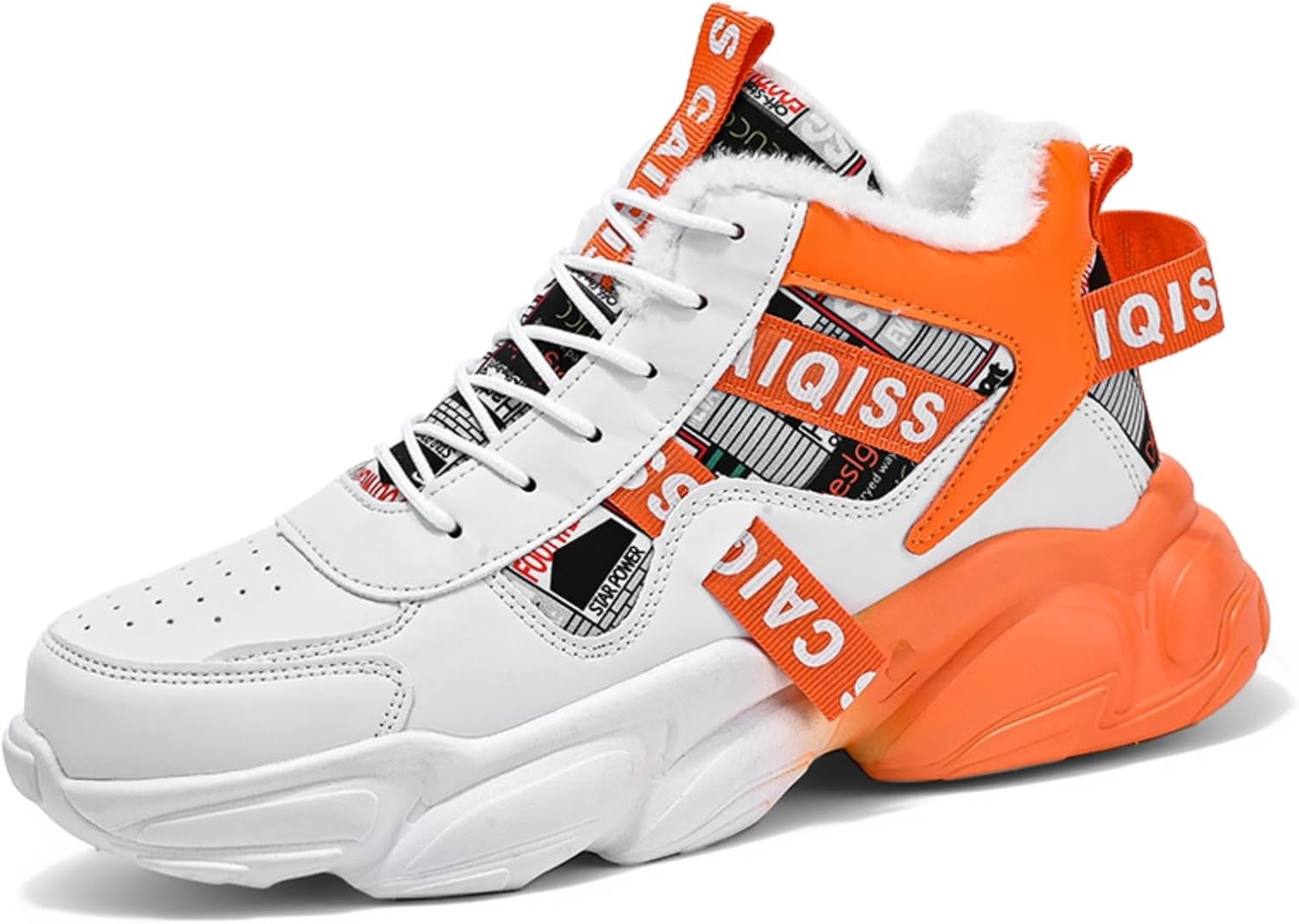 

Мужские высокие кеды с флисовой подкладкой: удобные теннисные туфли, повседневный стиль, подходят для ходьбы, стильная теплая подкладка, толстая амортизирующая подошва Khwfjas, белый/оранжевый