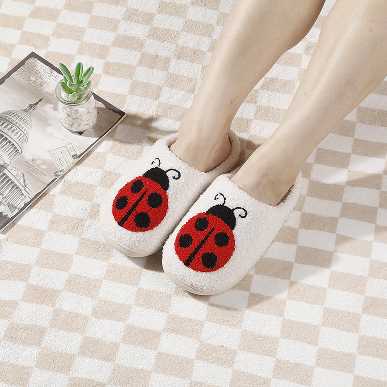 Тапочки OTELUXS для женщин и мужчин с собакой таксой, милыми животными, мультяшными божьей коровкой, бабочкой и кошкой, сланцы с эффектом памяти, домашняя обувь на каждый день, M-ladybug — фото 4