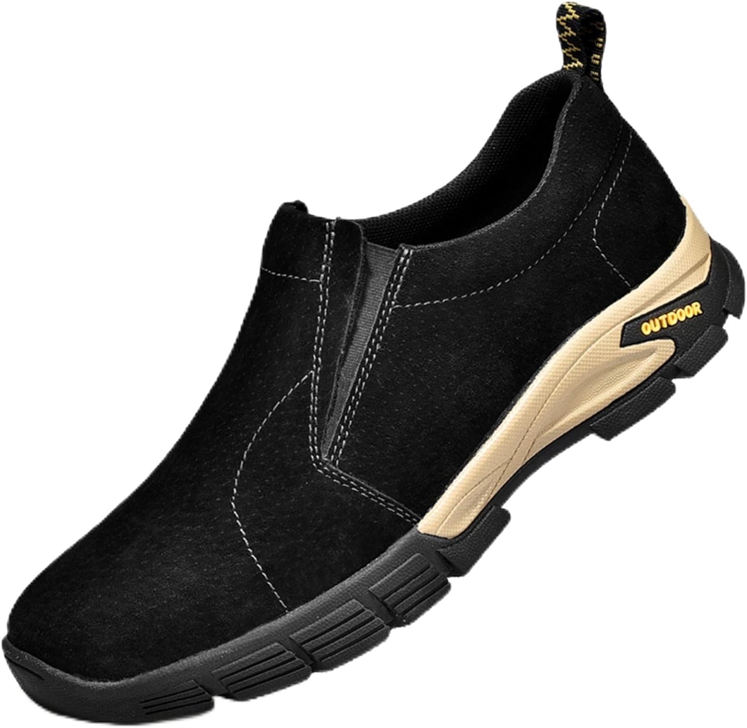 

Мужские лоферы из замшевой кожи с ручной строчкой, эластичной вставкой, без шнуровки, легкие, низкие, с круглым носком, нескользящие, повседневные мокасины, обувь для прогулок, походов и вождения Qwuieoin, черный