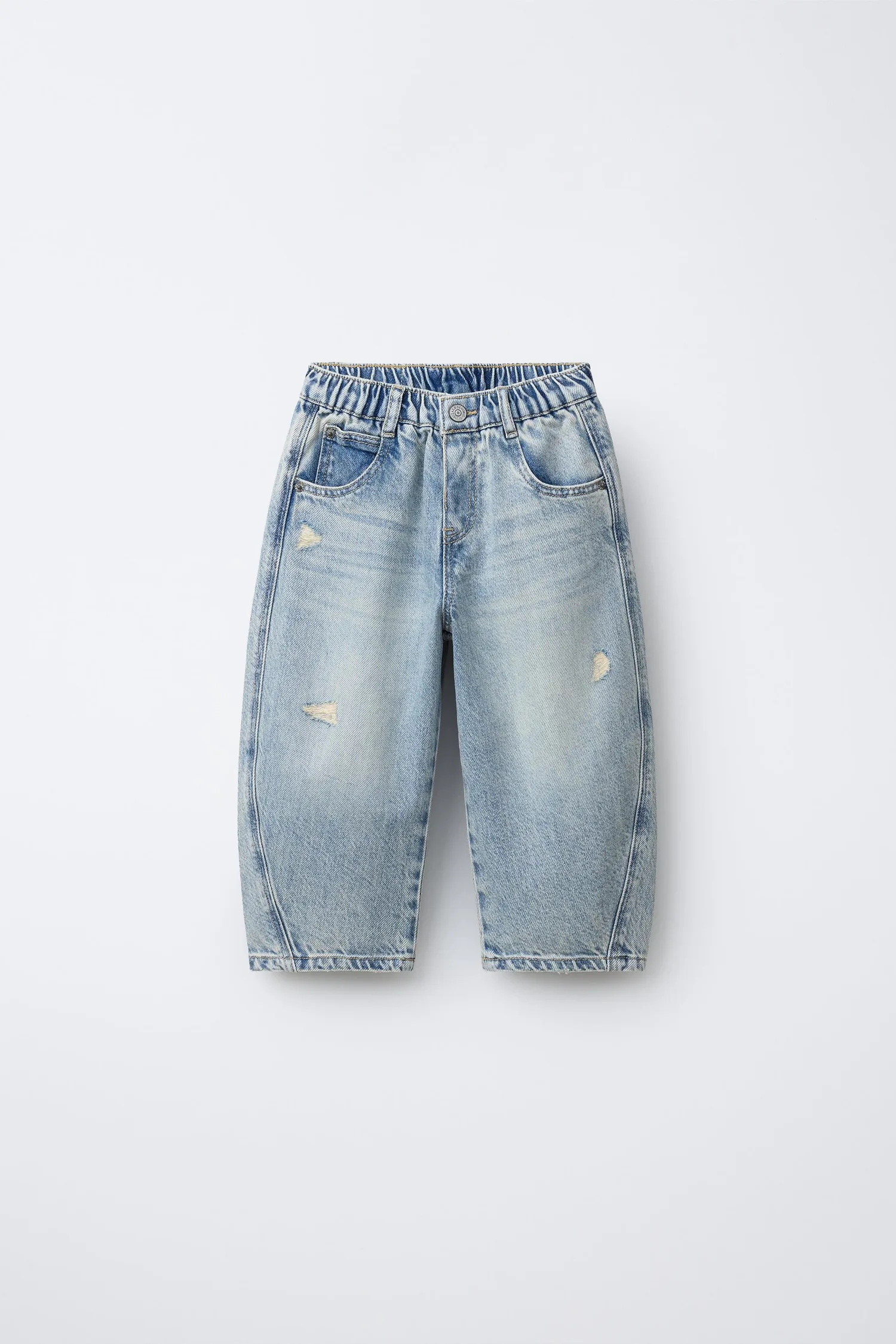 Рваные джинсы-бочки Zara, светло-голубой