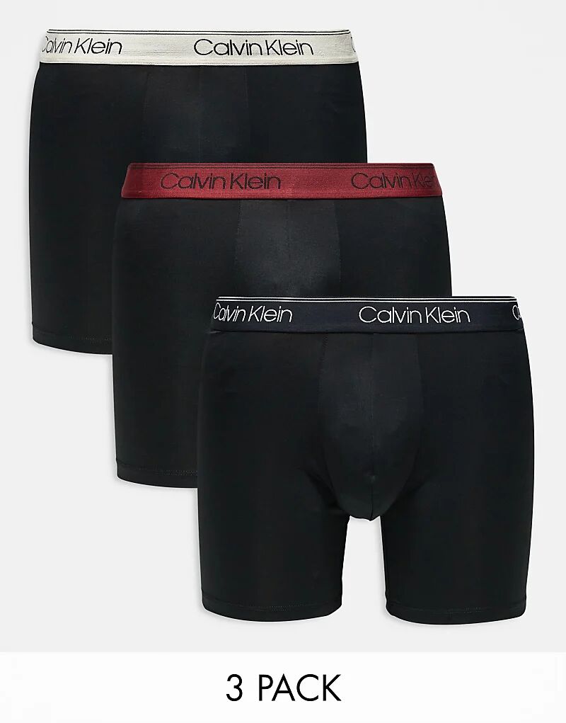 

Упаковка из 3 черных трусов-боксеров с цветными поясами из микрофибры Stretch от Calvin Klein