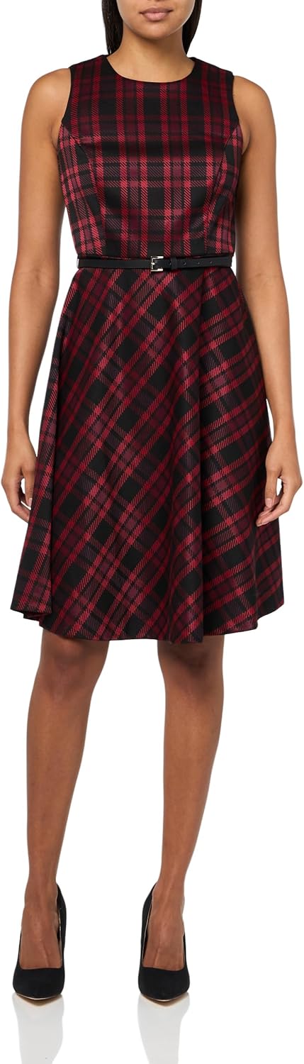 

Женское платье миди Tommy Hilfiger без рукавов с поясом из искусственной кожи, облегающее и расклешенное, Black/Scarlet Multi