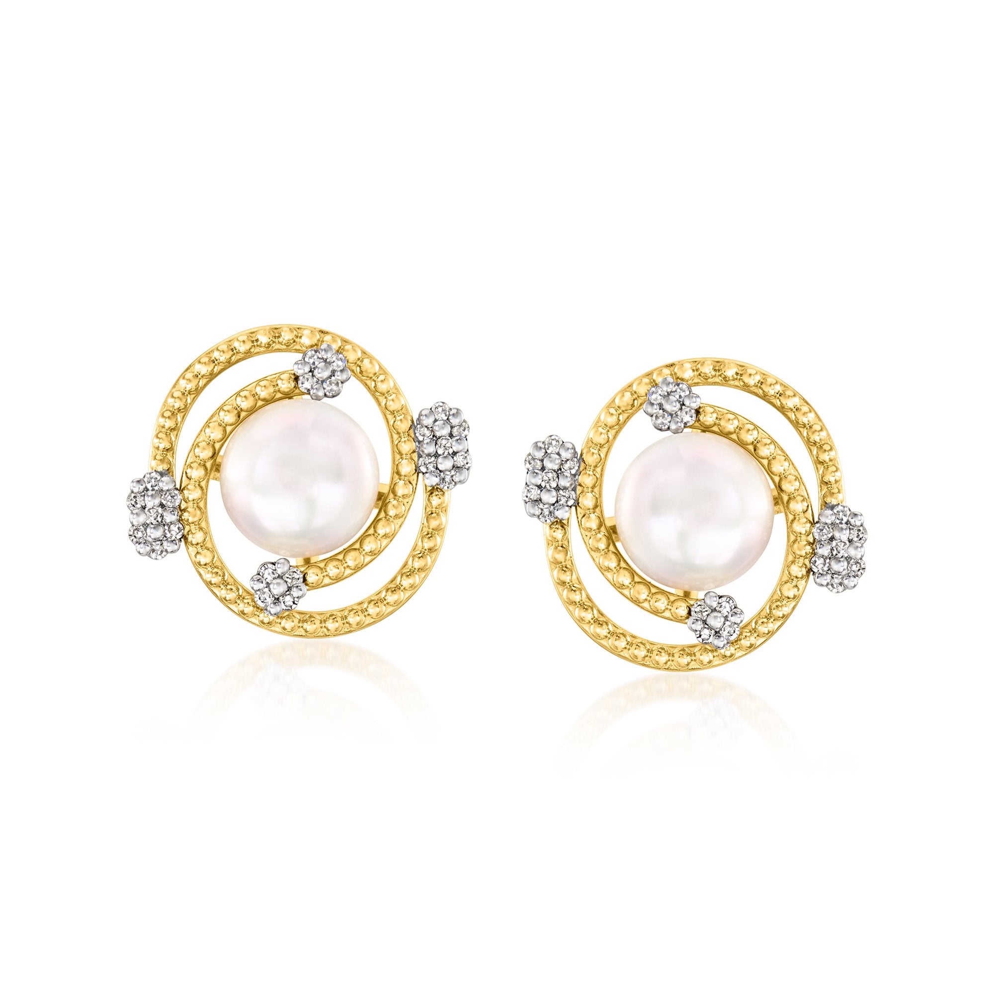 

Серьги Ross-Simons с культивированным жемчугом 7-7,5 мм и бриллиантами в форме завитка из 18-каратного золота поверх стерлингового серебра Ross-Simons, 0.50 In