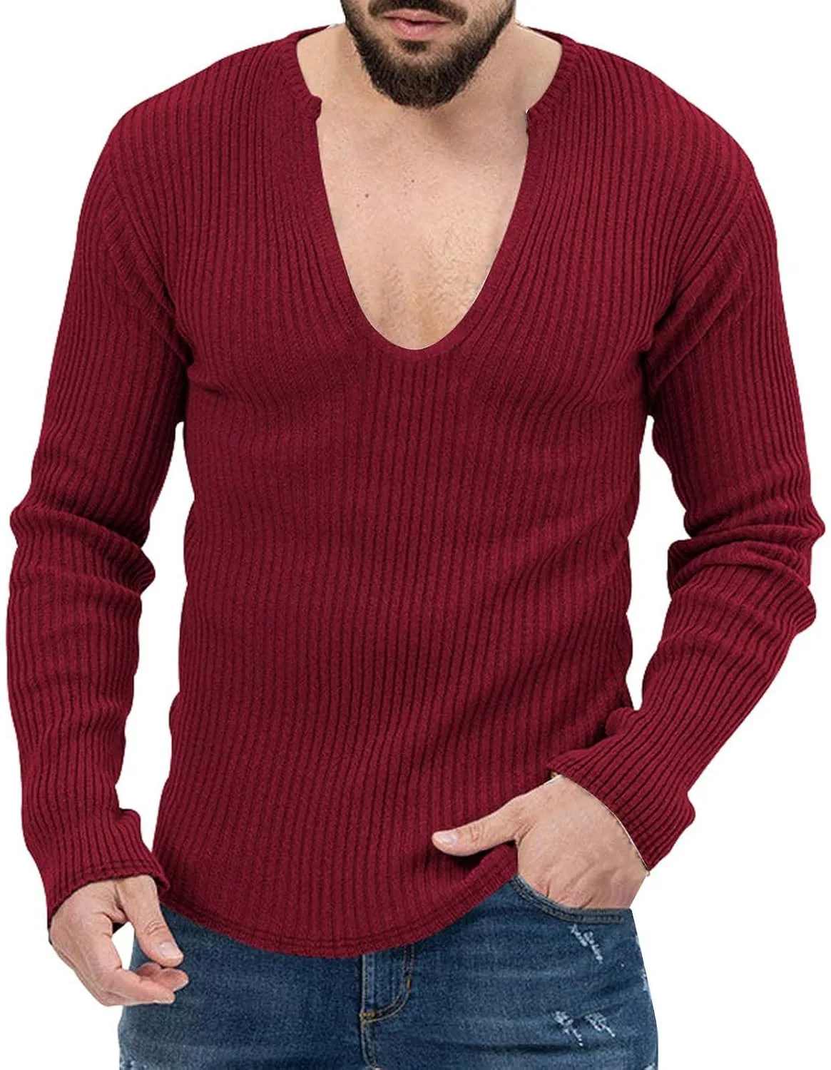 

Мужской свитер Buddhi с глубоким V-образным вырезом, рифленый, приталенный