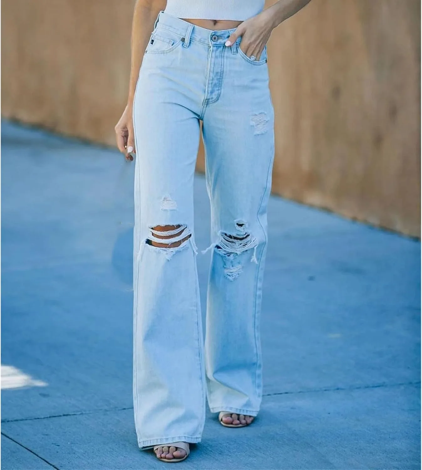 Женские прямые джинсы с потертостями, Slim Fit, высокая талия — фото 2
