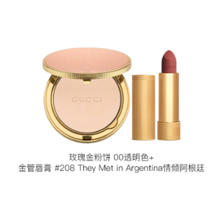 GUCCI Пудра для макияжа Pleuche Lipstick Rose Gold с эффектом контроля жирности и стойкости 10 г + 3,5 г, Powder #01+Golden Tube Lipstick #505 — фото 3