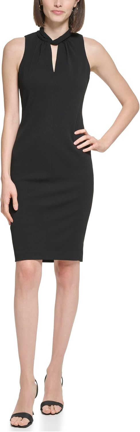 

Calvin Klein Twist Mock Neck Scuba Crepe Sheath, Black