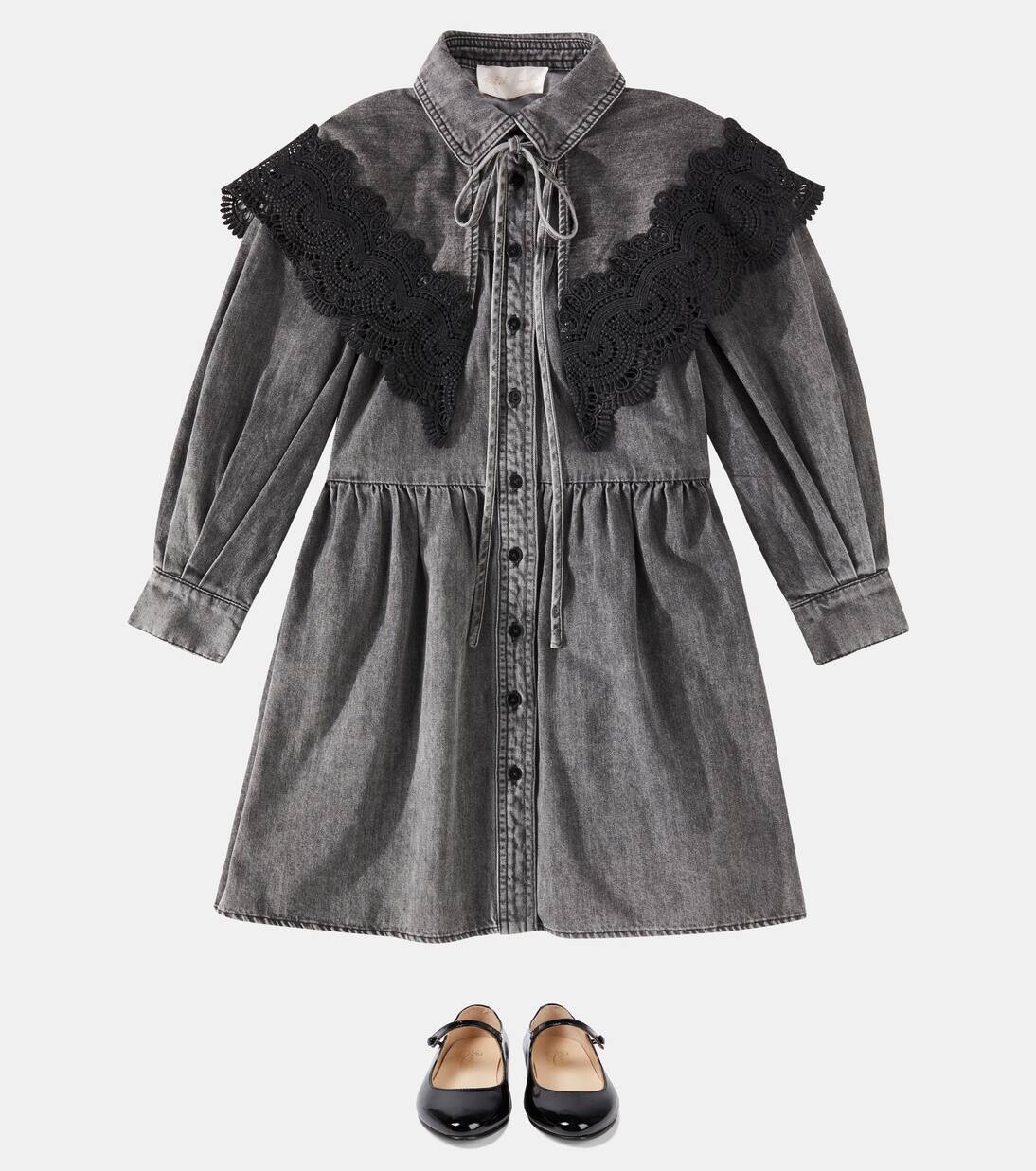 Платье из хлопчатобумажной ткани шамбре с кружевной отделкой Petite Amalie, цвет black wash — фото 2