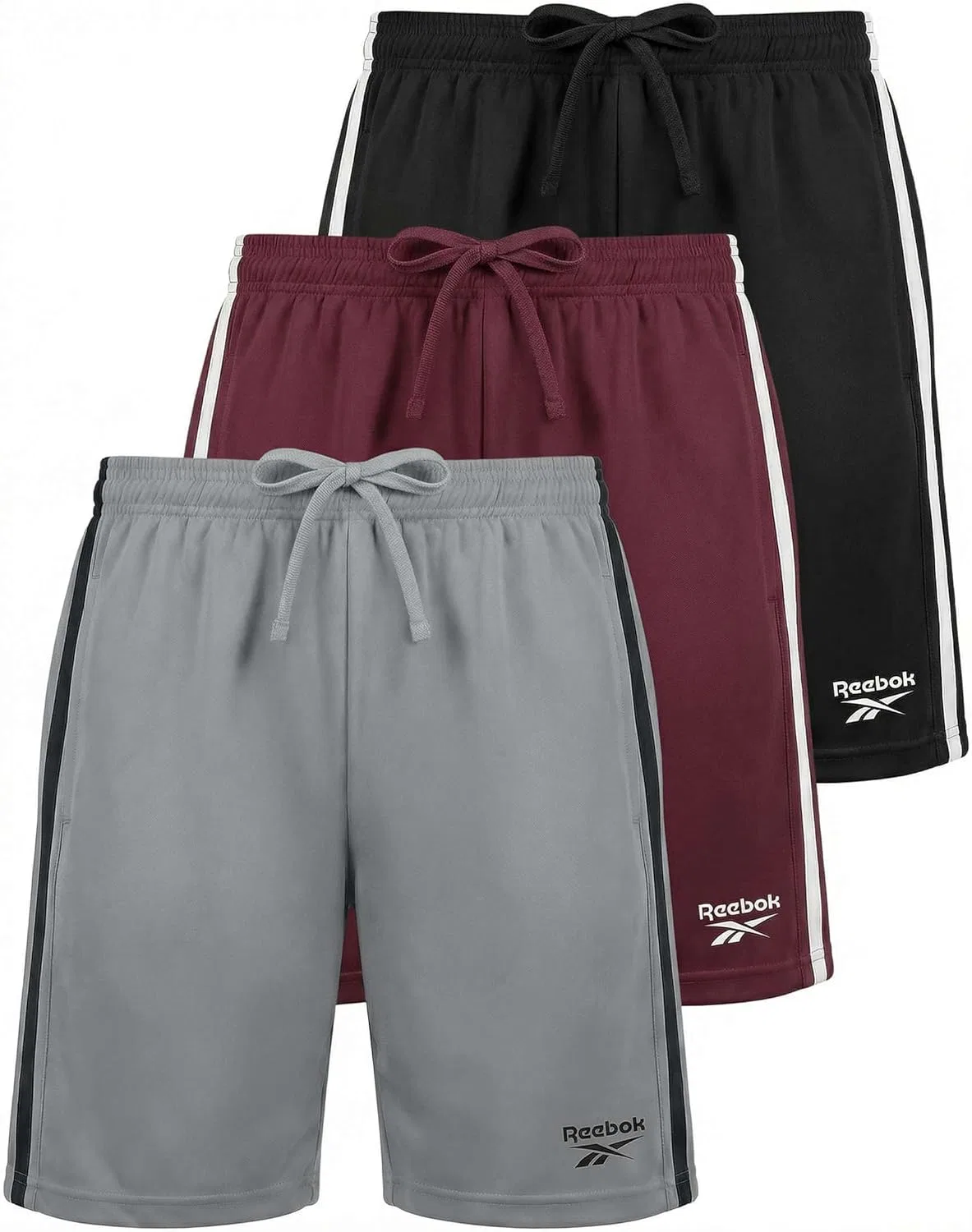 Шорты для мальчиков Dry Fit с боковой лентой Reebok, комплект из 3 шт, Solid Black, Solid Burgundy, Solid Ultimate Grey