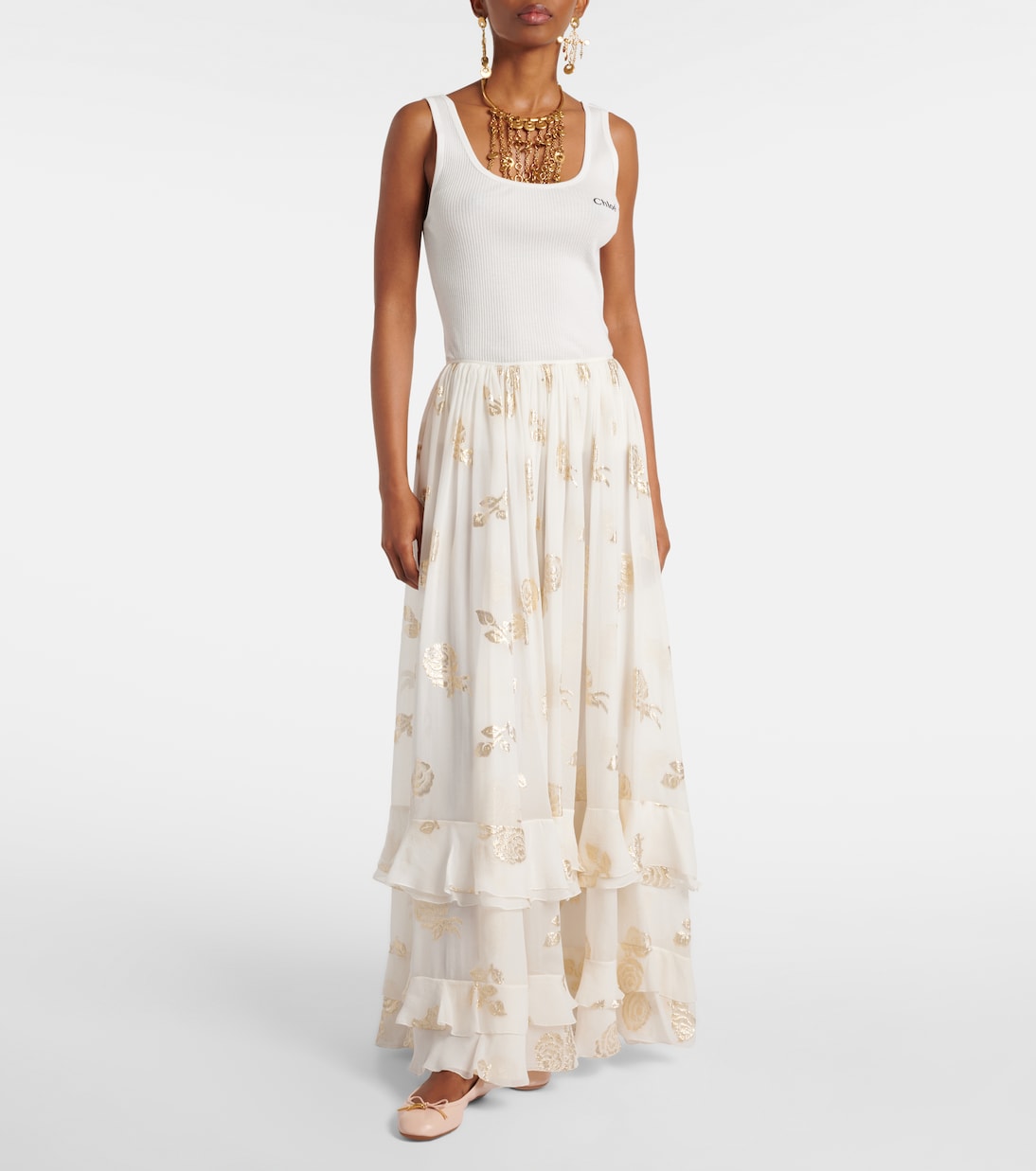 Юбка макси из муслина с цветочным жаккардом Chloé, Coconut Milk — фото 2
