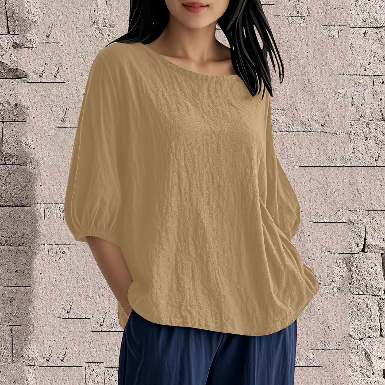 Блуза с рукавом 3/4 из хлопка и льна, свободный крой, D005-khaki — фото 2