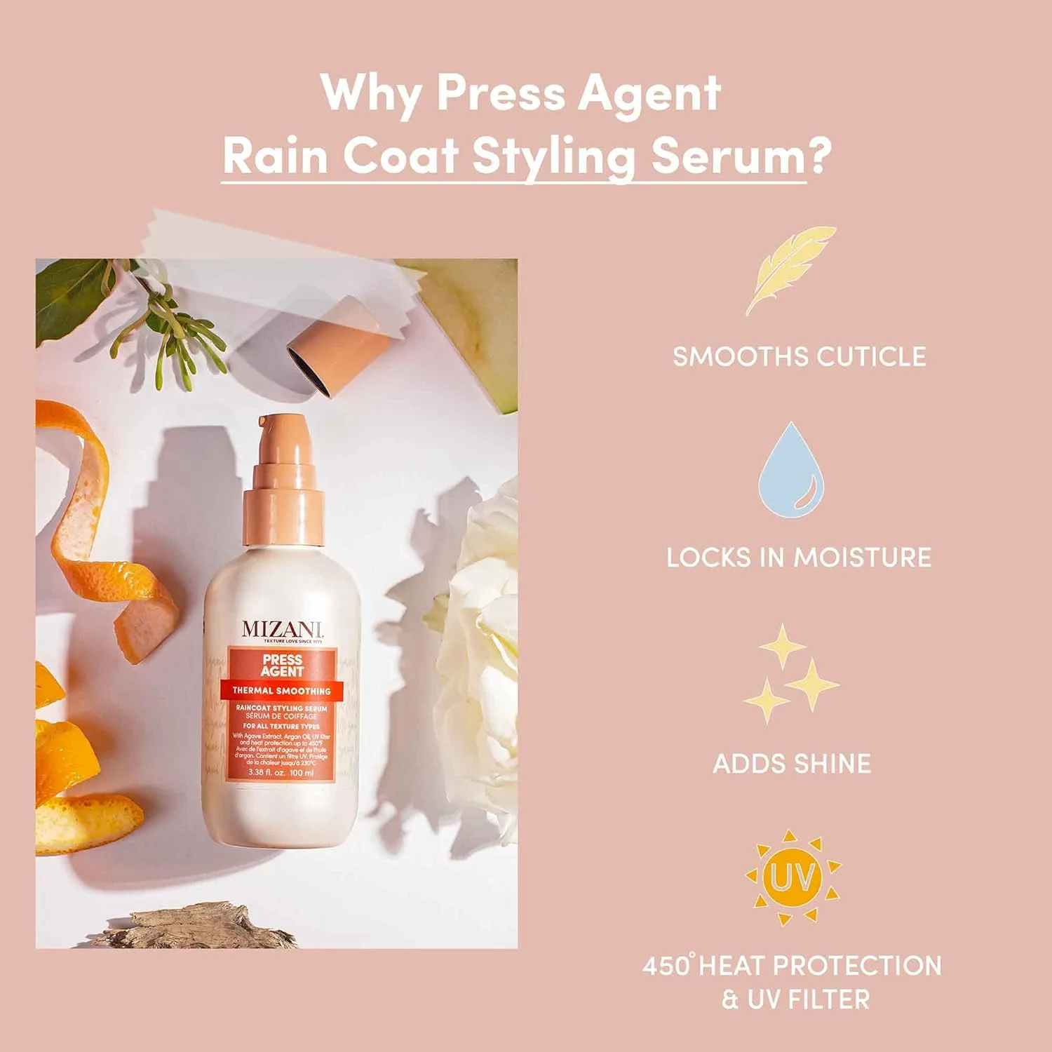 Mizani Press Agent Blow Dry Serum - термозащитная сыворотка для сушки феном, увлажняет и защищает волосы от горячей укладки, с аргановым маслом — фото 3