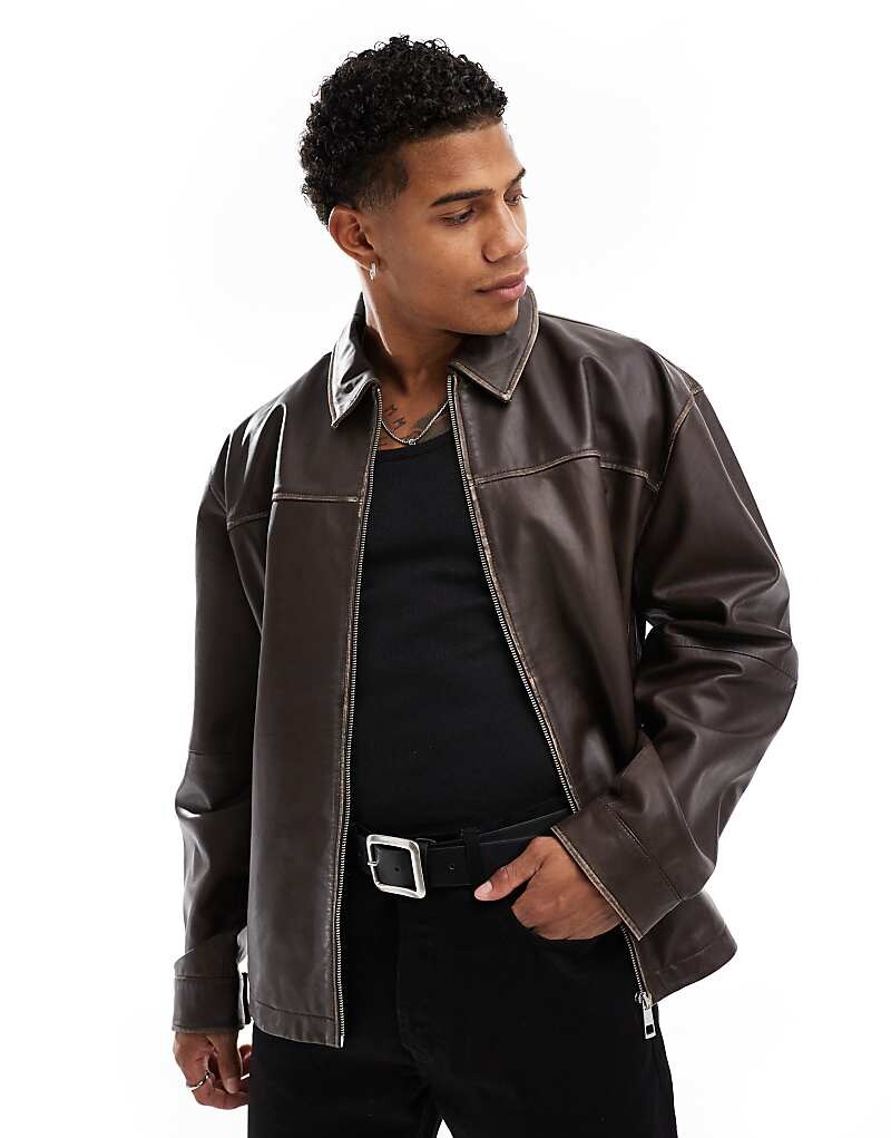 

Коричневая потертая куртка Harrington премиум-класса из натуральной кожи ASOS DESIGN
