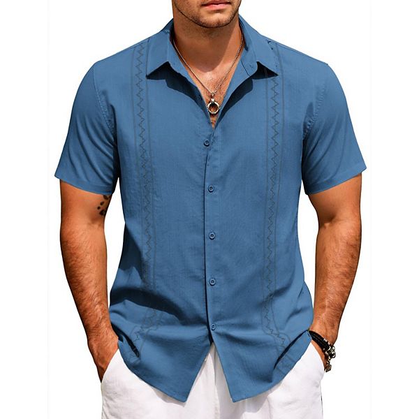 

Летняя рубашка для мужчин Cuban Button-Down Hawaiian Guayabera с коротким рукавом Coofandy, Navy