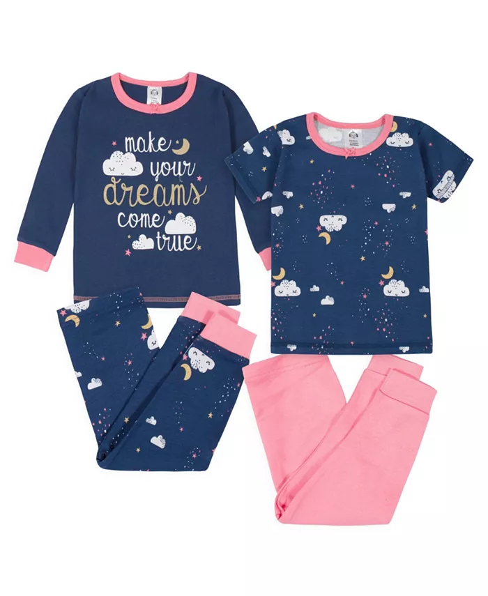 

Пижама для девочек из хлопка, 4 предмета, облегающая Gerber, синий