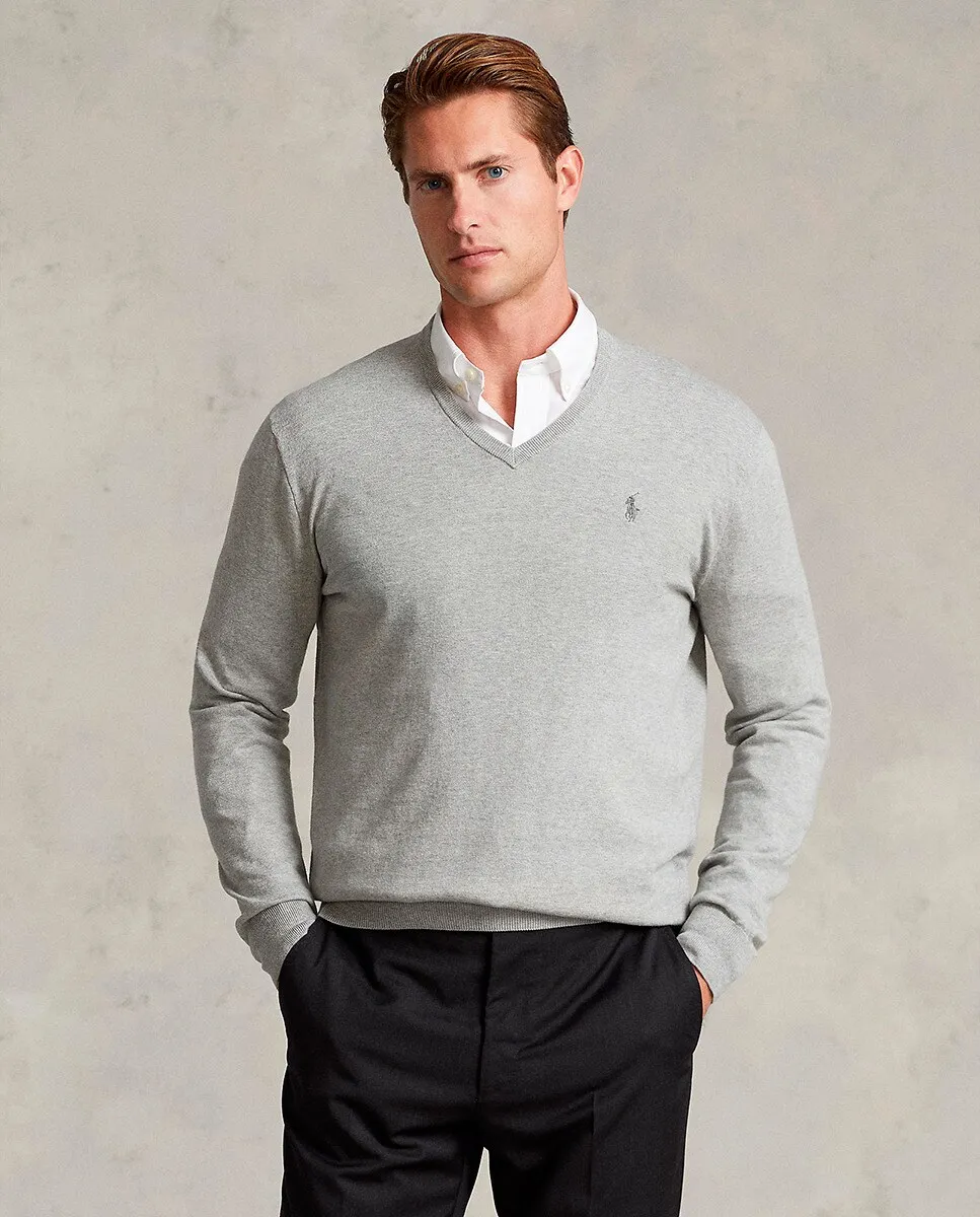 Мужской хлопковый свитер с V-образным вырезом Polo Ralph Lauren, серый — фото 4