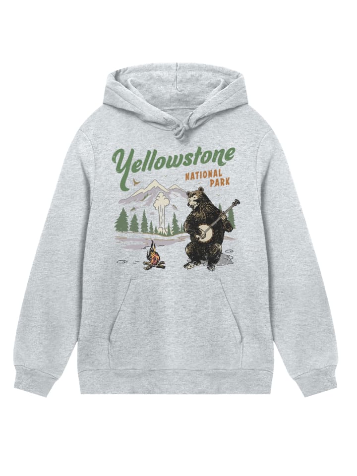 

Толстовка с капюшоном Йеллоустонский медведь играет на банджо в серо-меланжевом цвете. F4NT4STIC