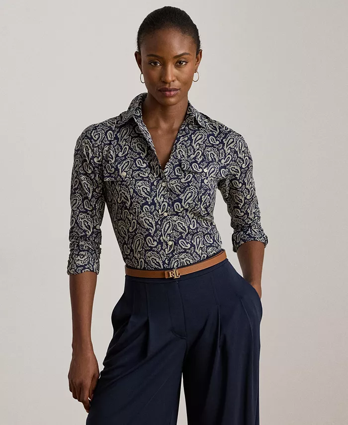 

Женская рубашка классического кроя из хлопковой вуали с узором пейсли Lauren Ralph Lauren, синий