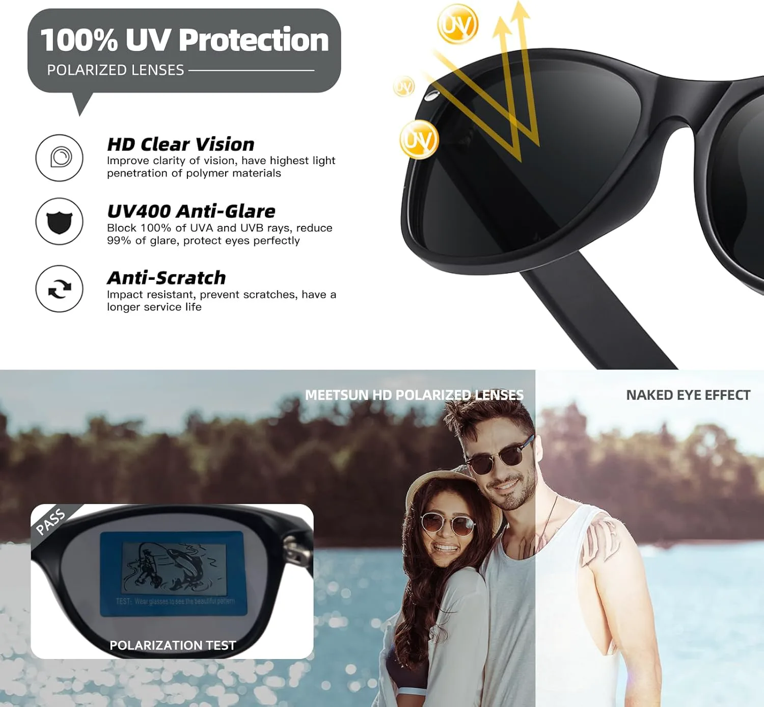 

Классические поляризованные солнцезащитные очки MEETSUN для женщин и мужчин, модные ретро-очки для вождения, защита от УФ-излучения (3 шт.), 3 Pack Black