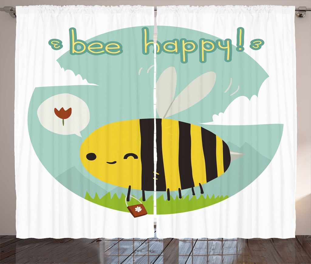 

ABAKUHAUS Queen Bee Занавеска в деревенском стиле, Bee Happy Doodle Icons, Ленточная занавеска с рюшами и петлями для спальни, 280 x 260 см, Разноцветная