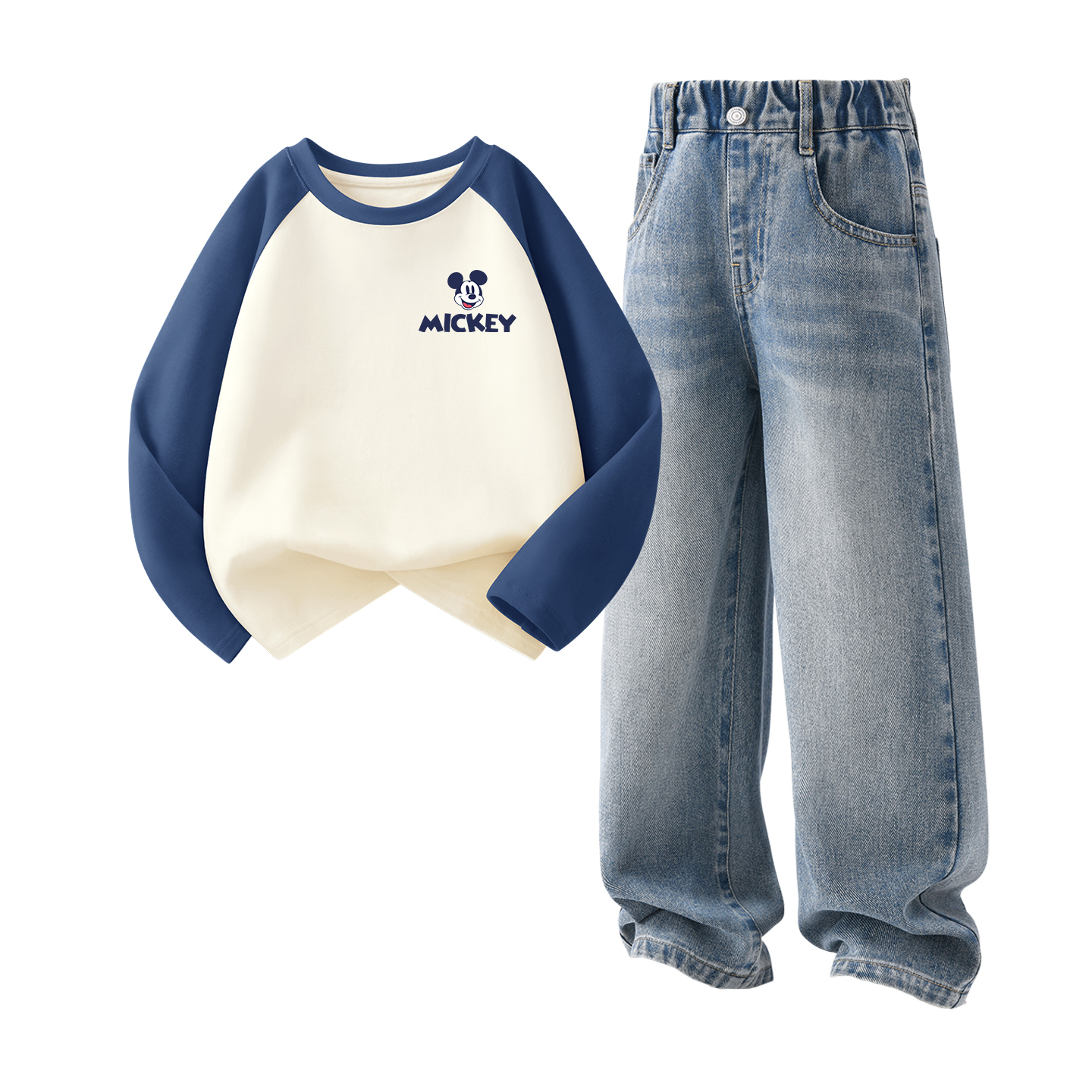 Детская повседневная спортивная одежда Disney, Disney Mickey Mouse Navy Blue+Solid Color Sea Salt Blue — фото 4