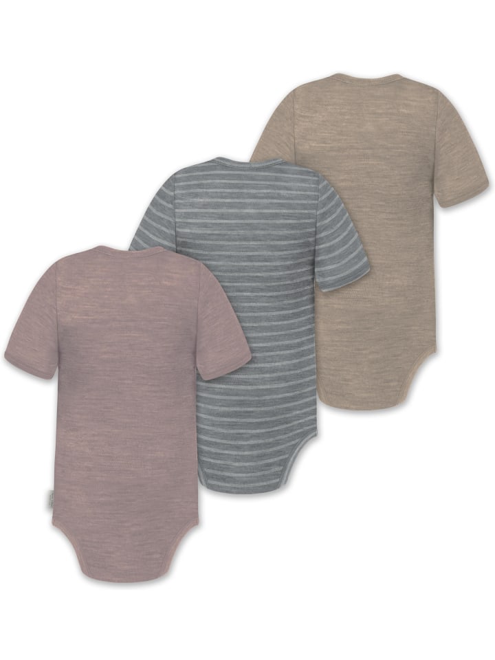 Normani Outdoor Sports Комплект из 3 унисекс комбинезонов-боди с короткими рукавами и пуговицами из мериносовой шерсти для младенцев, бежевого/серого/розового цвета — фото 2