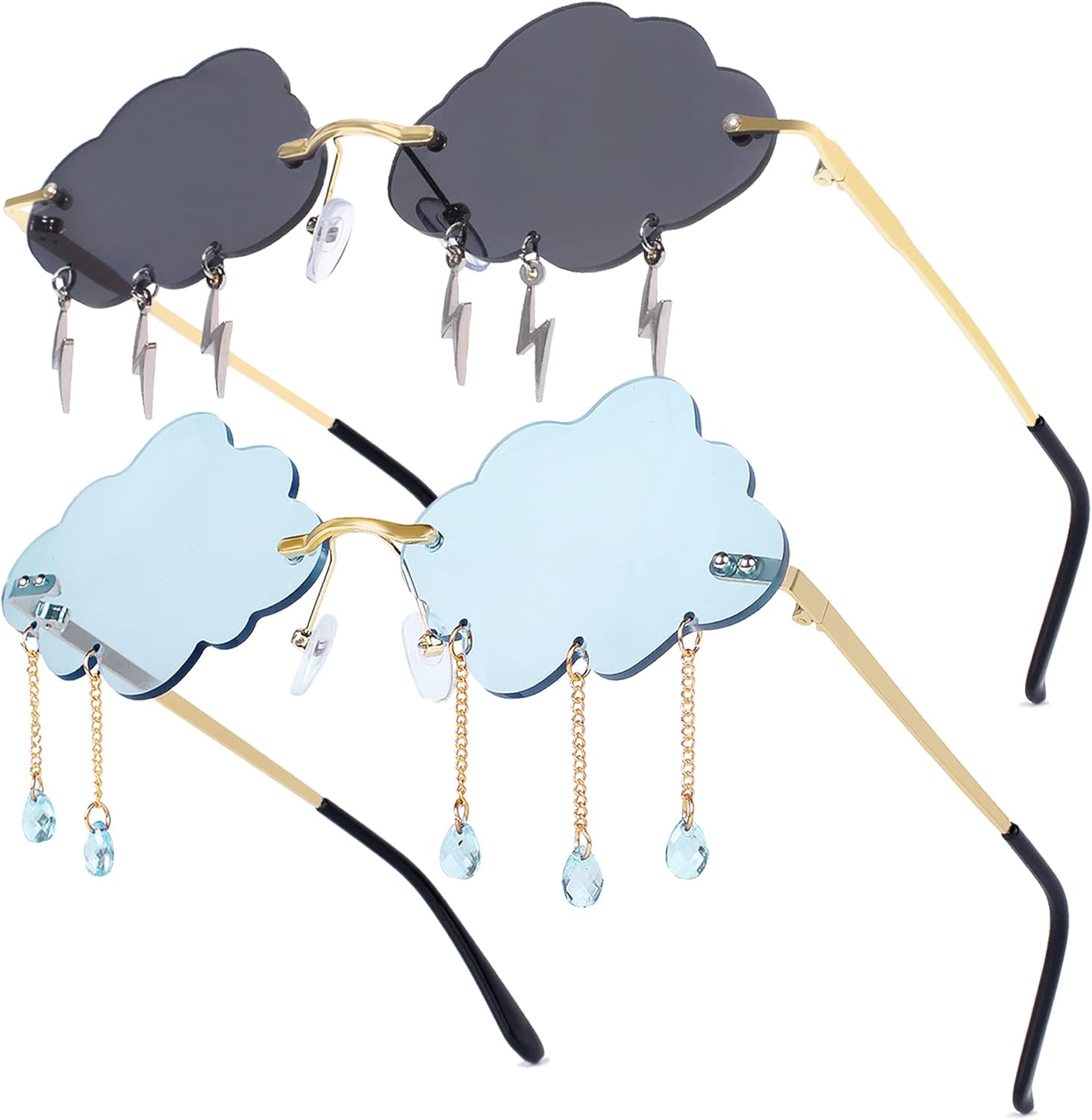 

2 пары солнцезащитных очков в форме облака, без оправы, с кисточками, в стиле молнии, милые солнцезащитные очки, забавные, модные, винтажные, в стиле диско 90-х Aeergured, Blue+black