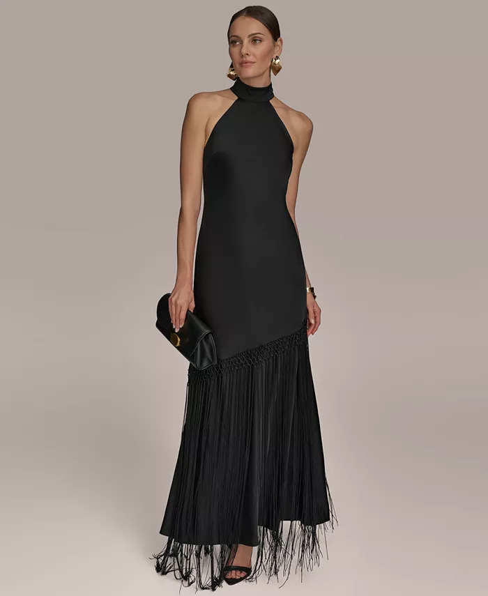 

Женское платье с высоким воротником и бахромой Donna Karan New York, черный
