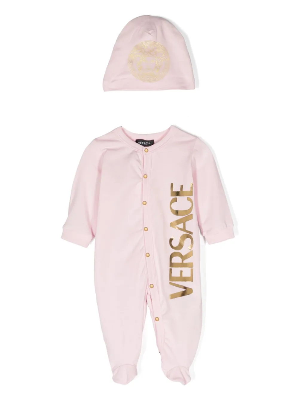 

Комплект из комбинезона и шапки с логотипом Versace Kids, розовый