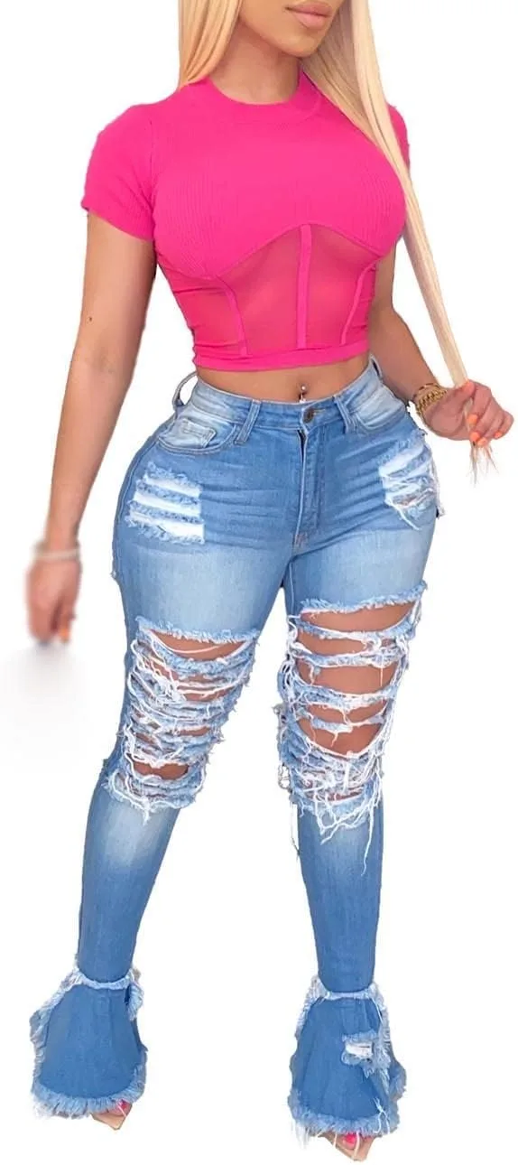 

Sexyshine Женские джинсы скинни с высокой талией, рваные