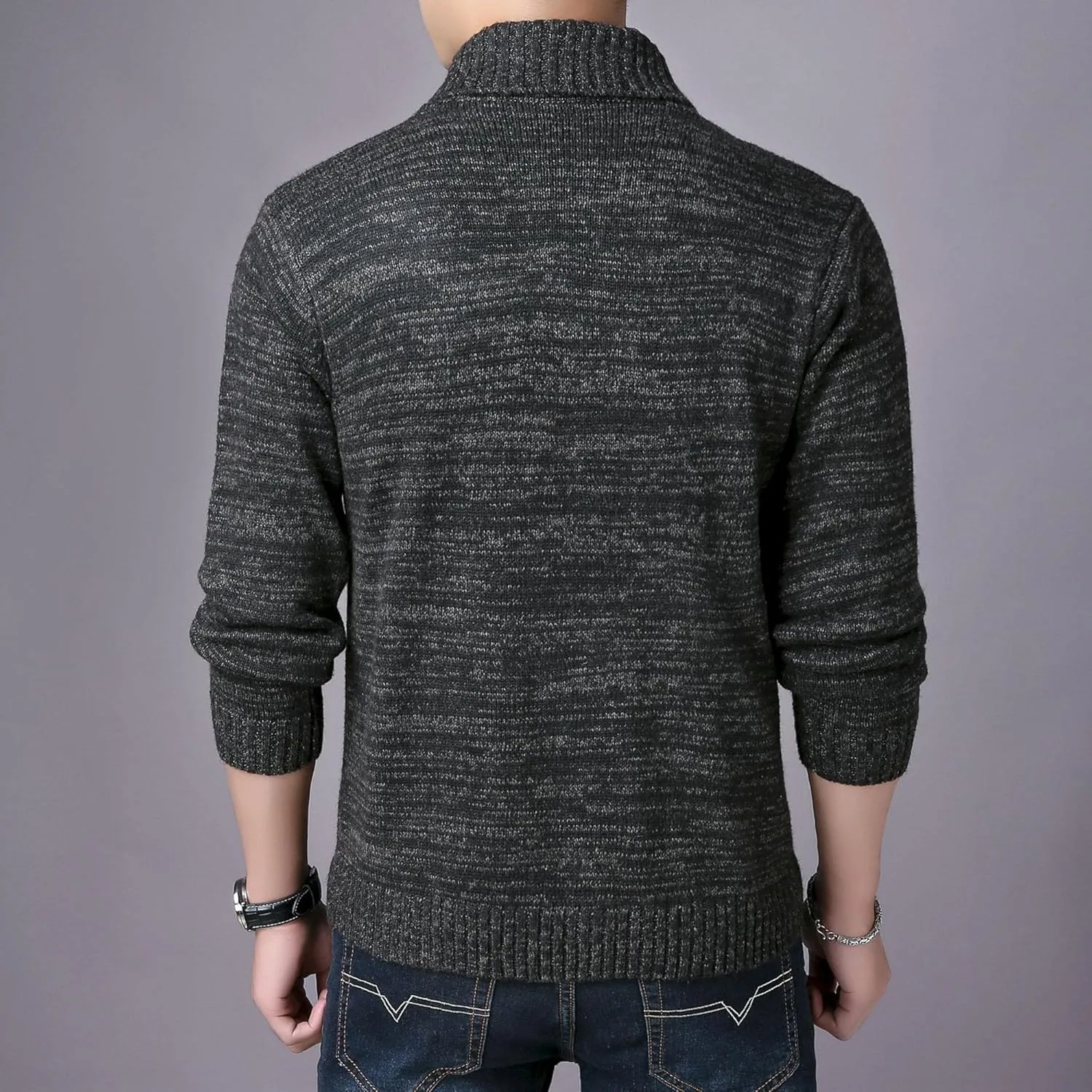 Мужской кардиган с шалькой в клетку, slim fit, кабельная вязка — фото 4