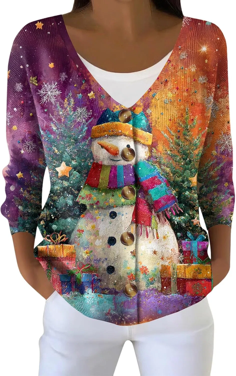 Блуза женская с рождественским принтом, Oversized, на пуговицах, длинный рукав, 1-Purple Pink