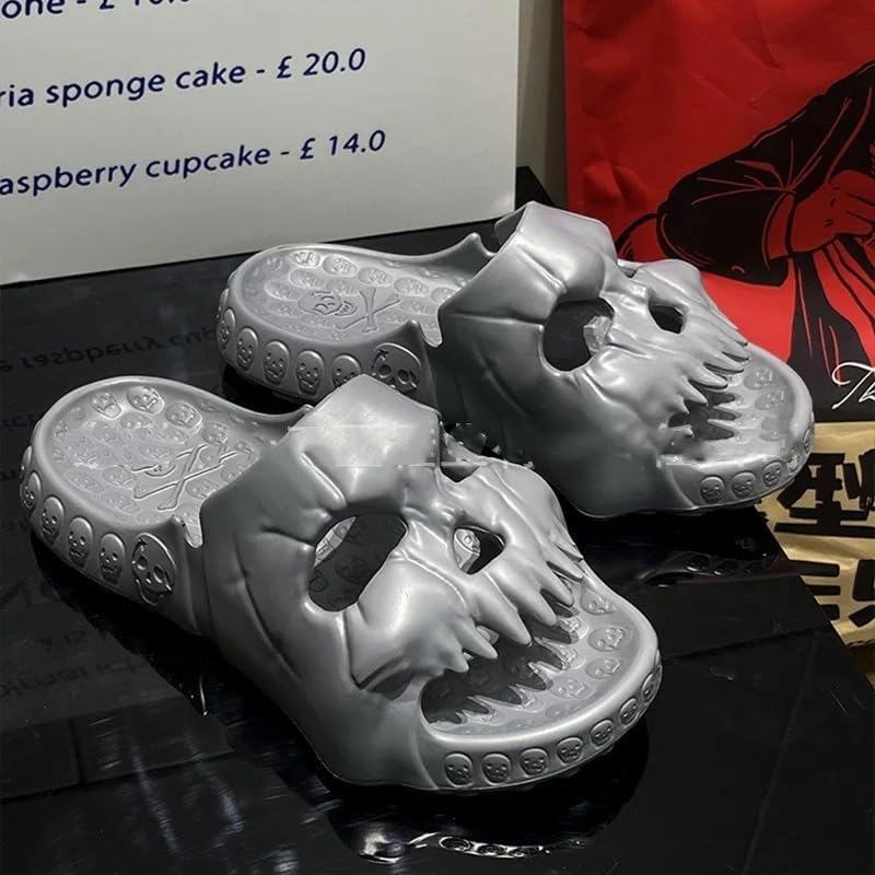 FSwinder Skull Ghost Slides, спортивные сандалии, противоскользящие облачные тапочки для мужчин и женщин, удобные домашние туфли с открытым носком, домашние туфли для открытого пальца, Хэллоуин Skull Slides, толстые мягкие туфли для душа, серый — фото 2