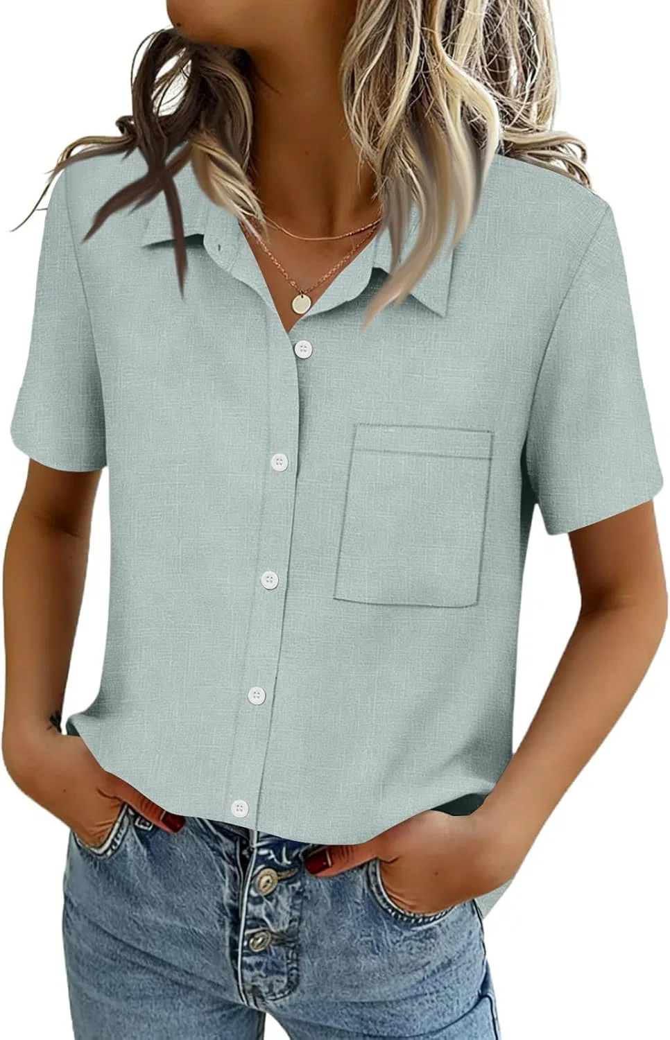 Блузка с принтом, Women's 2026, на пуговицах, 1-light Blue — фото 2