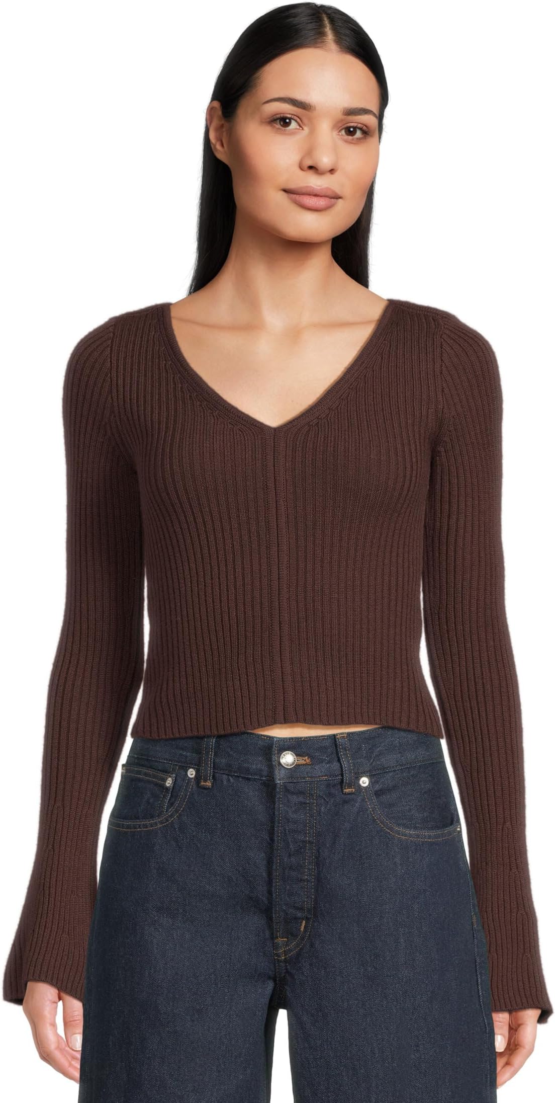 

Свитер Madewell Women's Ribbed Merino Flare Sleeve Vneck Clari, Chocolate Raisin