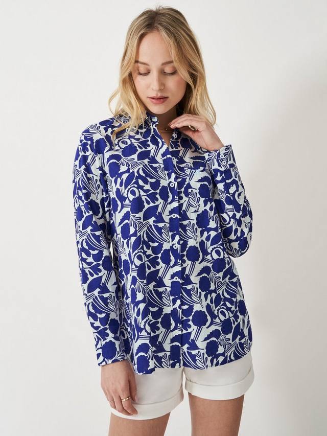 

Футболка из льна с цветочным принтом Crew Clothing, Dark Blue/White