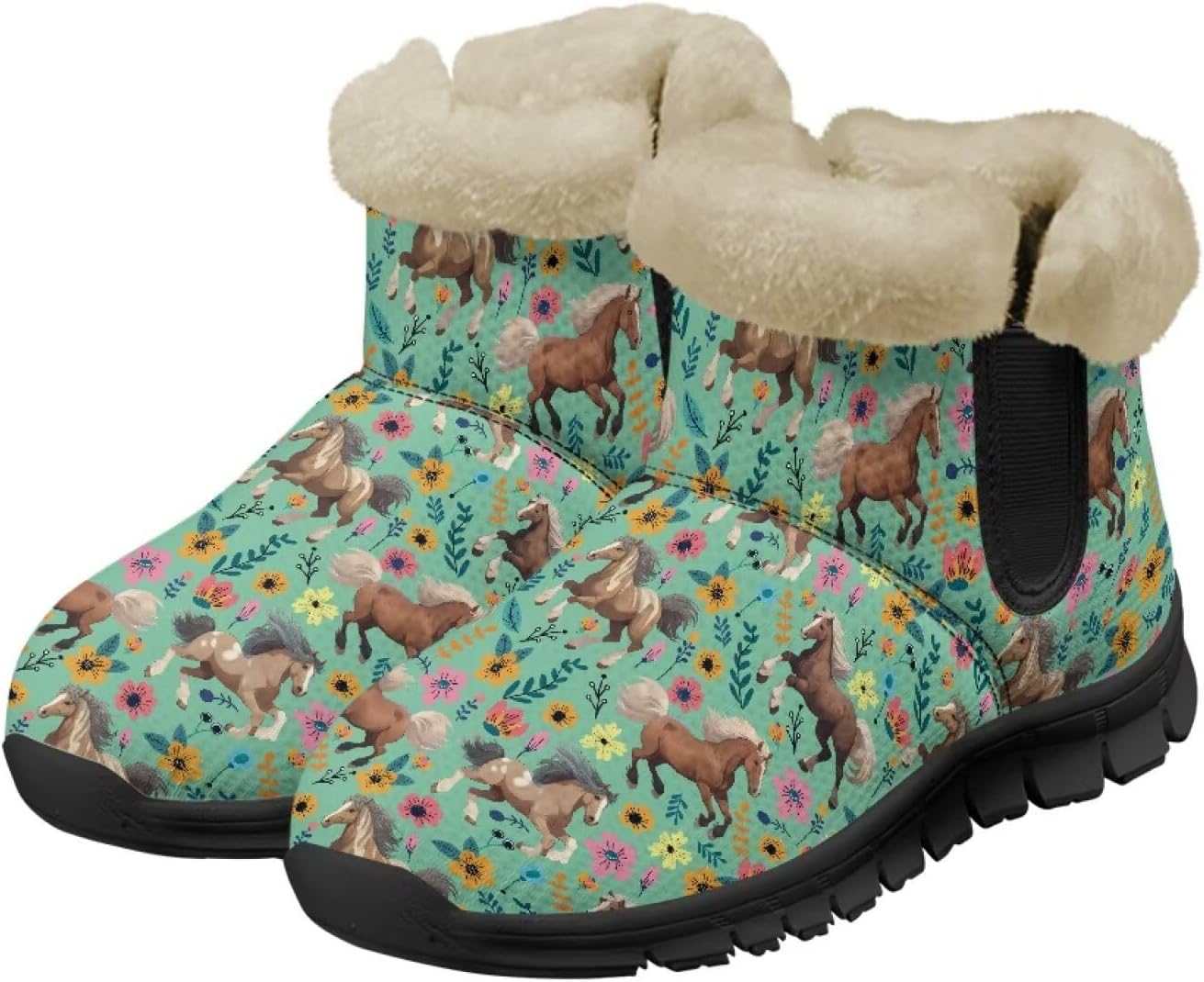 

Женские и мужские зимние ботинки с теплой плюшевой подкладкой, утепленные ботильоны с противоскользящей подошвой для улицы, удобная зимняя обувь для повседневных поездок Noprintge, Horse Floral