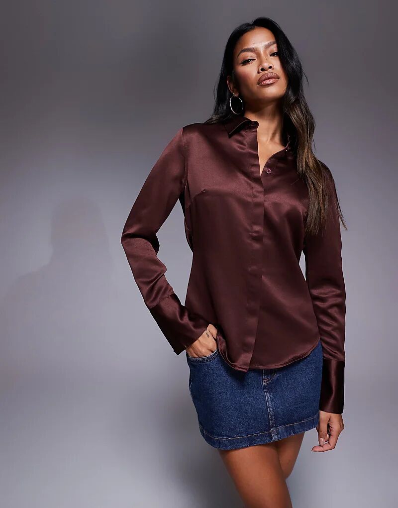 

Приталенная атласная рубашка ASOS DESIGN шоколадного цвета