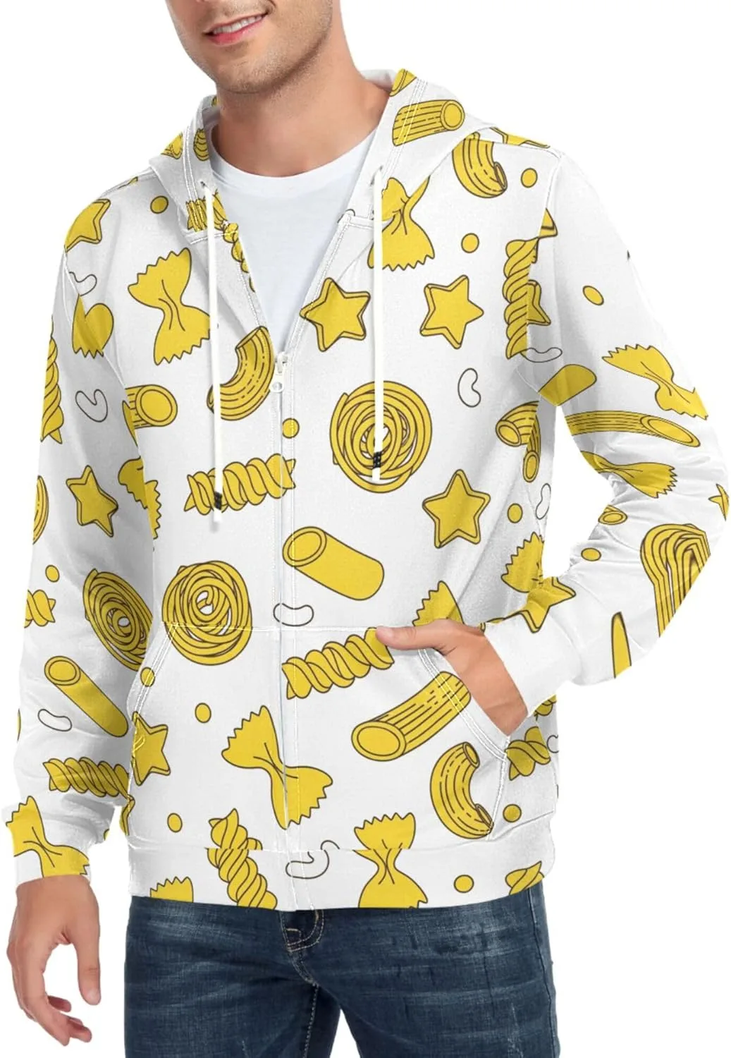 

Мужская худи с полной молнией Pasta Shapes на белом фоне, с длинными рукавами и карманом CUPADA