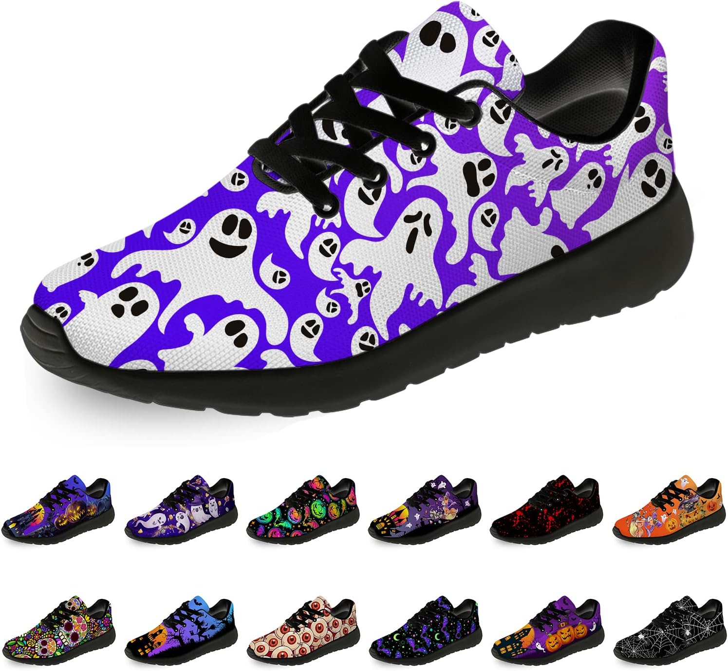 

Кроссовки на Хэллоуин для женщин и мужчин, беговые, для прогулок и тенниса, с изображением тыквы, призрака и летучей мыши, подарки для мальчиков и девочек Horethy, фиолетовый