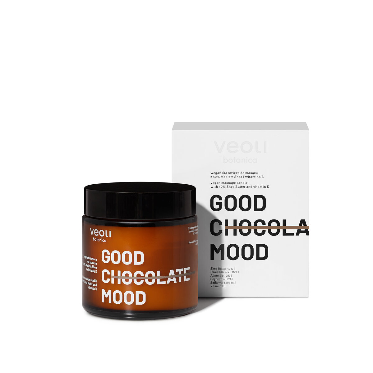 

Veoli Botanica, Веганская массажная свеча с 40% маслом ши и витамином Е «Хорошее шоколадное настроение», 100 мл